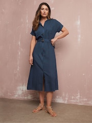 Long Tall Sally Blue Grown On Sleeve Button Dress with Containing Linen - Image 1 of 6
