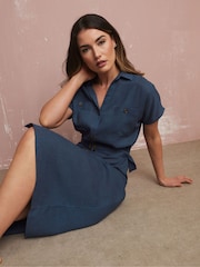 Long Tall Sally Blue Grown On Sleeve Button Dress with Containing Linen - Image 2 of 6