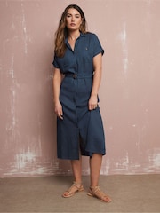 Long Tall Sally Blue Grown On Sleeve Button Dress with Containing Linen - Image 4 of 6