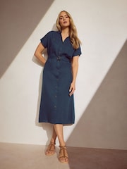 Long Tall Sally Blue Grown On Sleeve Button Dress with Containing Linen - Image 5 of 6