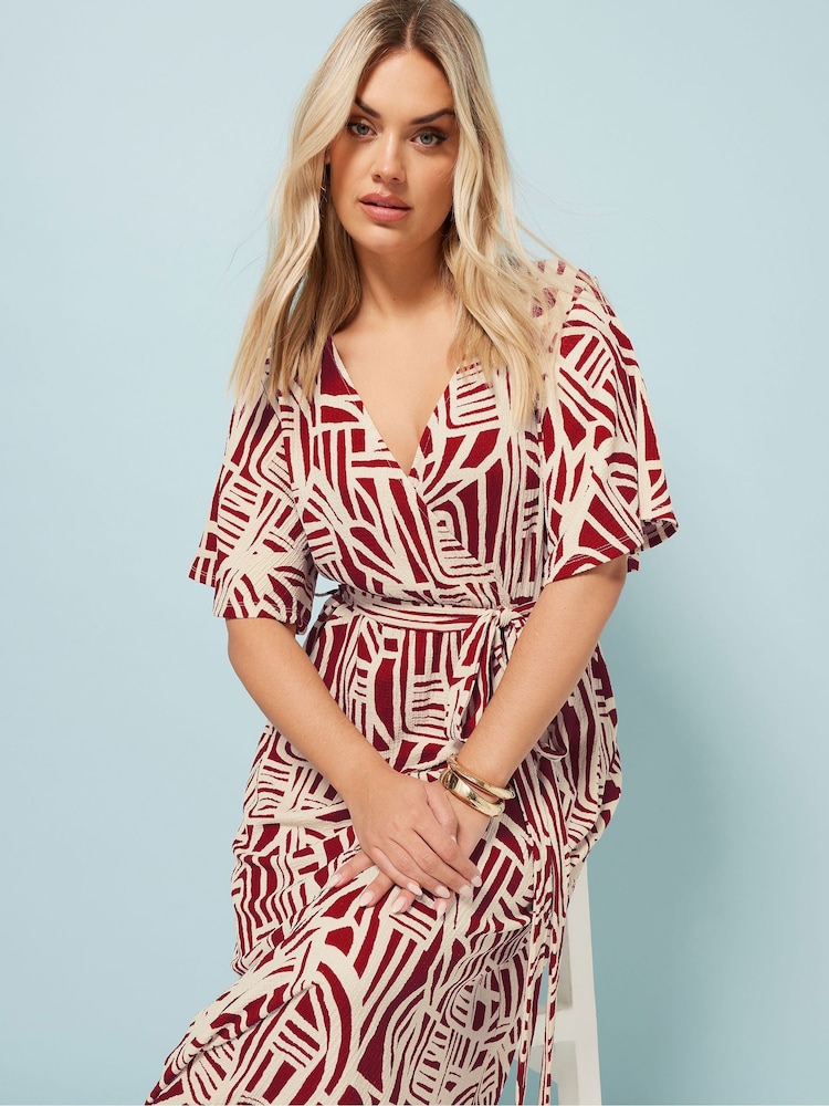 Yours Curve Red Abstract Wrap Dress - Image 4 of 5