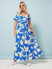 Yours Curve Aqua Blue Floral Wrap Dress - Image 1 of 5