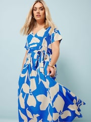 Yours Curve Aqua Blue Floral Wrap Dress - Image 2 of 5