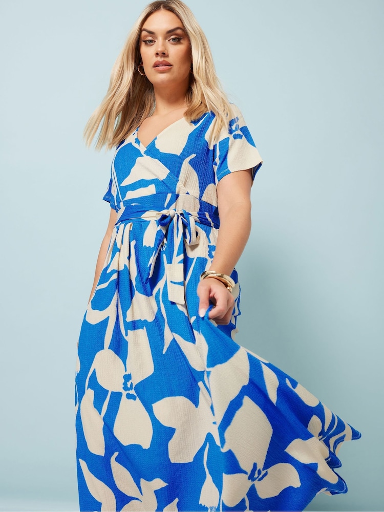 Yours Curve Aqua Blue Floral Wrap Dress - Image 2 of 5