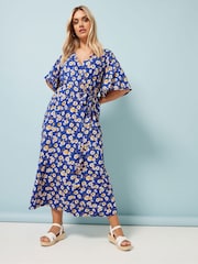 Yours Curve Blue Floral Wrap Dress - Image 1 of 5