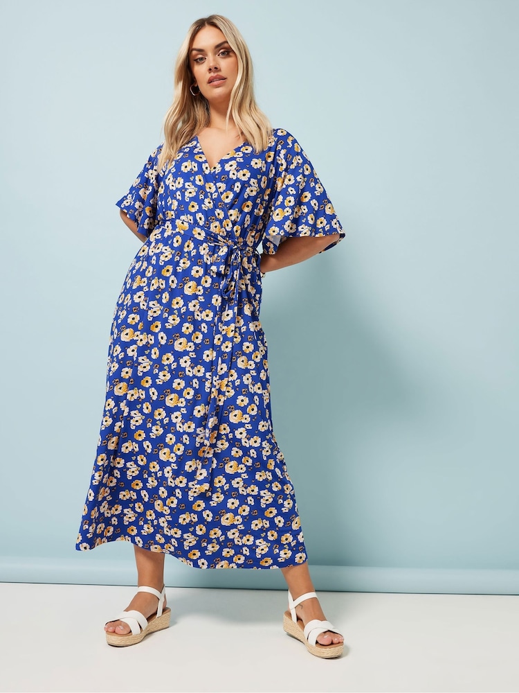 Yours Curve Blue Floral Wrap Dress - Image 1 of 5