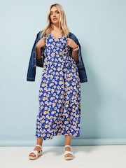 Yours Curve Blue Floral Wrap Dress - Image 2 of 5