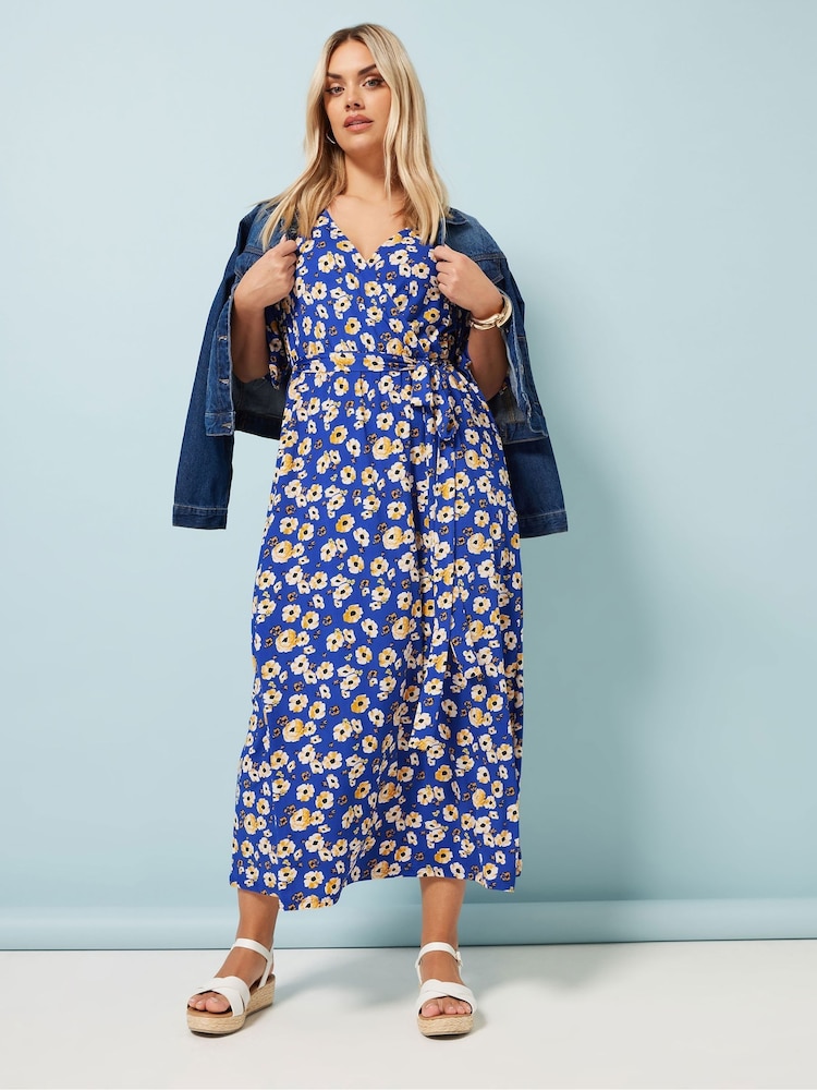 Yours Curve Blue Floral Wrap Dress - Image 2 of 5