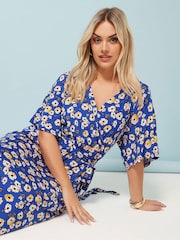 Yours Curve Blue Floral Wrap Dress - Image 4 of 5