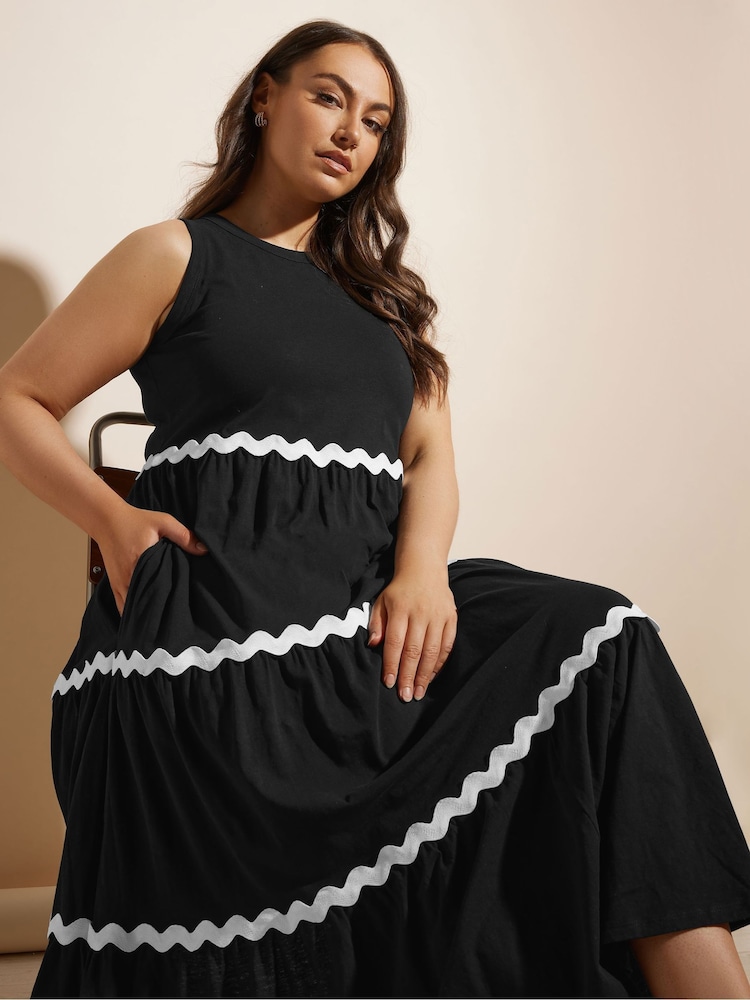 Yours Curve Black Contrast Trim Tierred 100% Cotton Dress - Image 1 of 6
