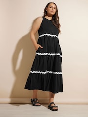 Yours Curve Black Contrast Trim Tierred 100% Cotton Dress - Image 3 of 6