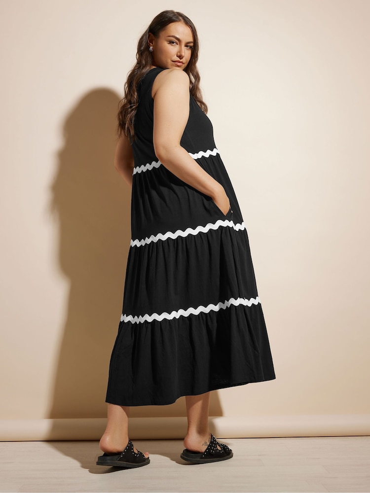 Yours Curve Black Contrast Trim Tierred 100% Cotton Dress - Image 4 of 6