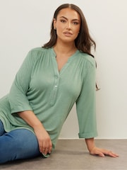 Yours Curve Green Half Placket Blouse - Image 1 of 5