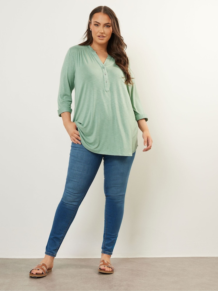 Yours Curve Green Half Placket Blouse - Image 2 of 5