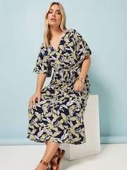 Yours Curve Blue Leaf Print Wrap Dress - Image 1 of 5