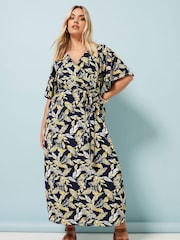 Yours Curve Blue Leaf Print Wrap Dress - Image 2 of 5