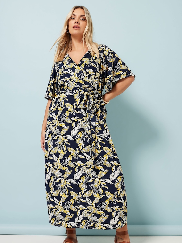 Yours Curve Blue Leaf Print Wrap Dress - Image 2 of 5