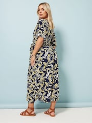 Yours Curve Blue Leaf Print Wrap Dress - Image 3 of 5
