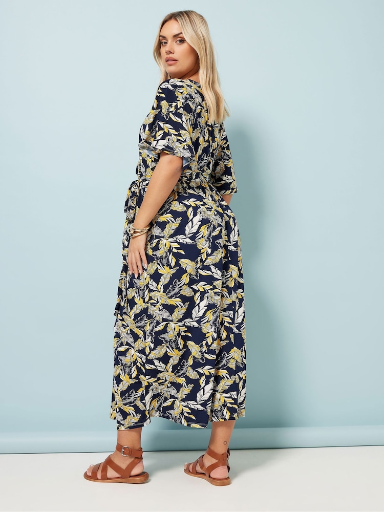 Yours Curve Blue Leaf Print Wrap Dress - Image 3 of 5