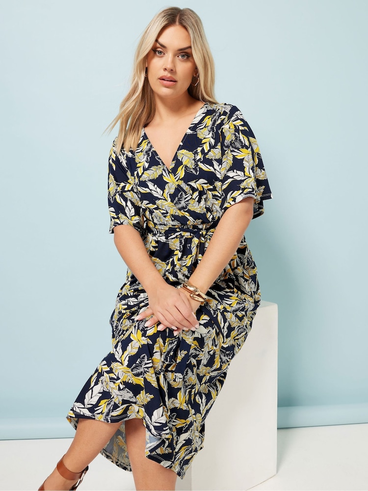 Yours Curve Blue Leaf Print Wrap Dress - Image 4 of 5
