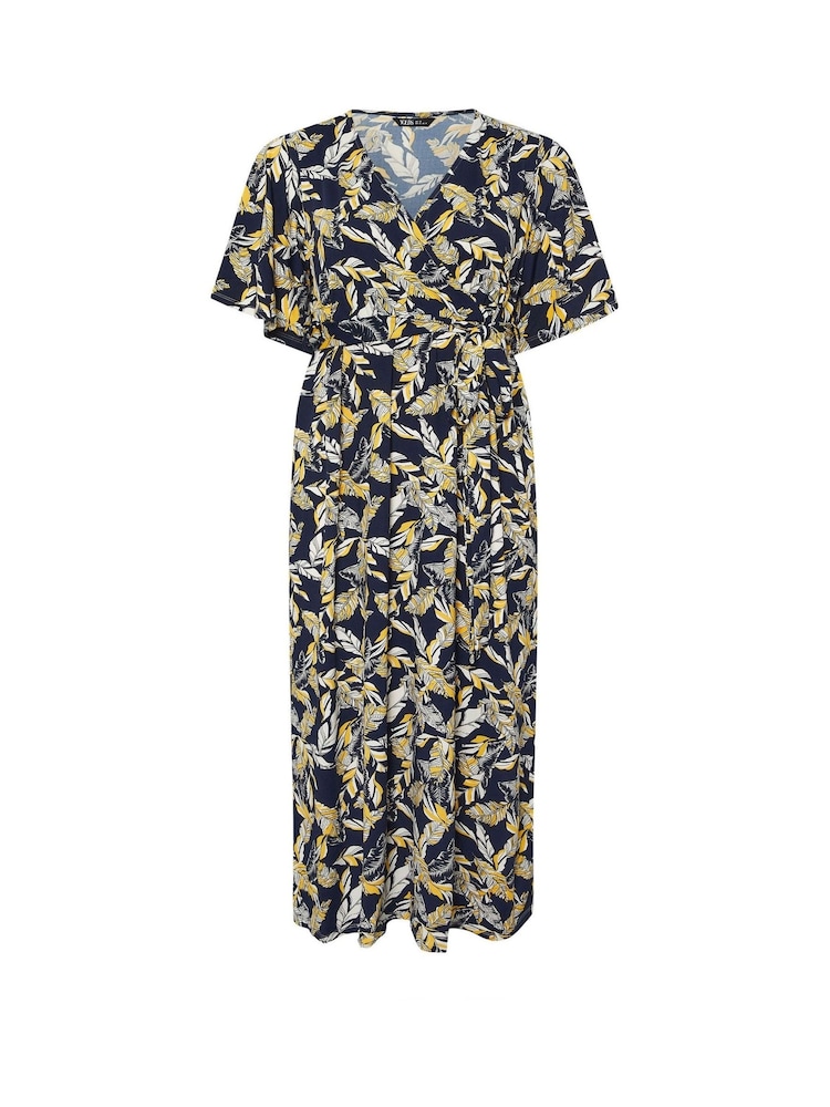 Yours Curve Blue Leaf Print Wrap Dress - Image 5 of 5