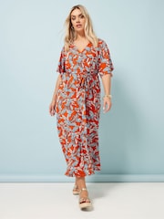 Yours Curve Orange Leaf Print Wrap Dress - Image 1 of 5