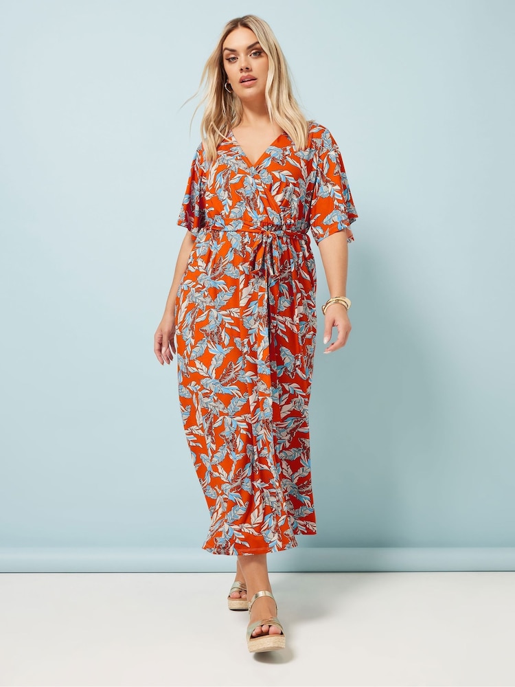 Yours Curve Orange Leaf Print Wrap Dress - Image 1 of 5