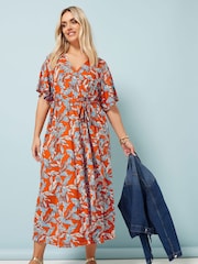 Yours Curve Orange Leaf Print Wrap Dress - Image 2 of 5