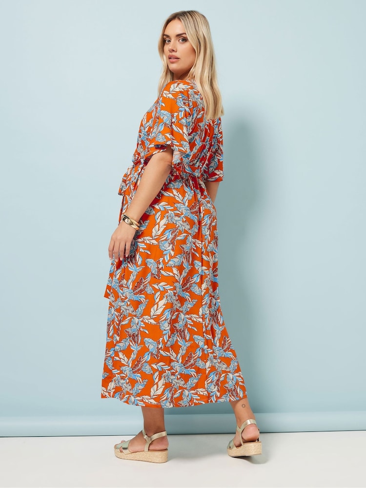 Yours Curve Orange Leaf Print Wrap Dress - Image 3 of 5