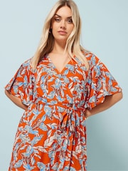 Yours Curve Orange Leaf Print Wrap Dress - Image 4 of 5