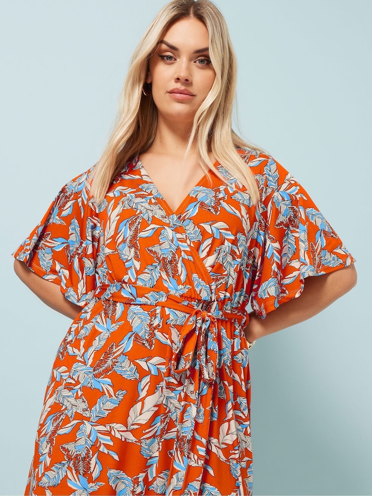 Yours Curve Orange Leaf Print Wrap Dress - Image 4 of 5
