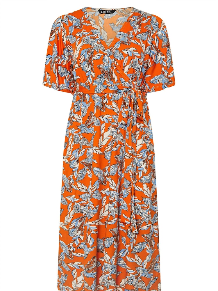 Yours Curve Orange Leaf Print Wrap Dress - Image 5 of 5