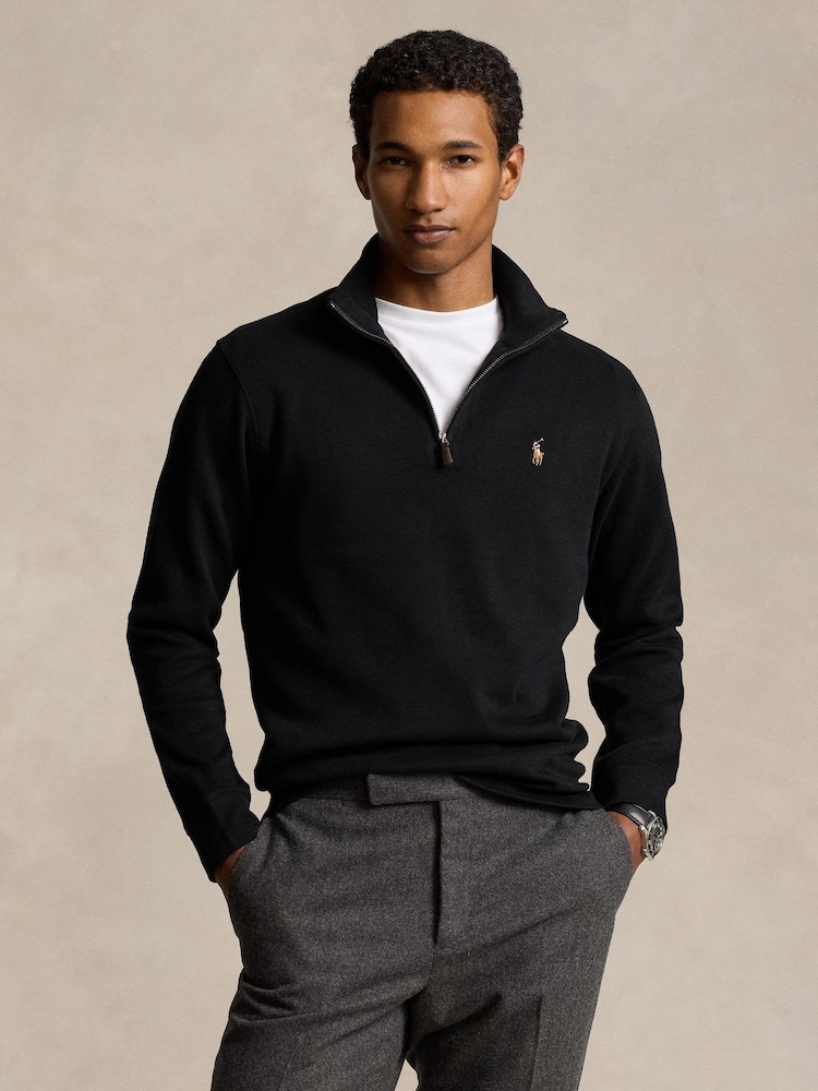 Polo Ralph Lauren Black Estate Rib Cotton Quarter Zip Sweatshirt - Image 1 of 5