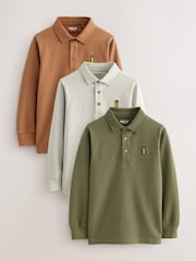Khaki/Stone/Tan Long Sleeve Polo Shirts 3 Pack (3-16yrs) - Image 1 of 7