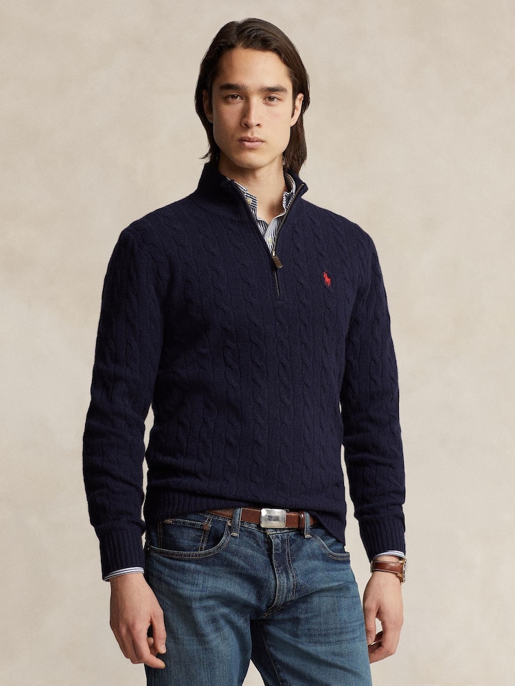 Polo Ralph Lauren Blue Wool Cashmere Cable Knit Quarter Zip Jumper - Image 1 of 5
