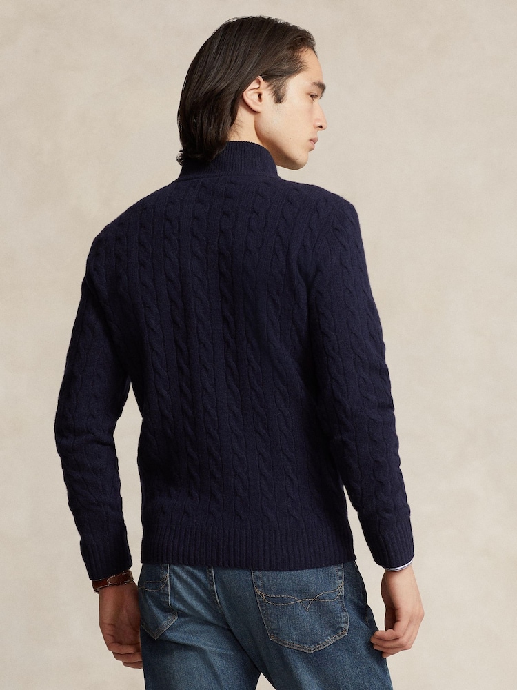 Polo Ralph Lauren Blue Wool Cashmere Cable Knit Quarter Zip Jumper - Image 2 of 5 Polo Ralph Lauren Blue Wool Cashmere Cable Knit Quarter Zip Jumper - Image 2 of 5