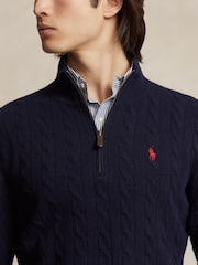 Polo Ralph Lauren Blue Wool Cashmere Cable Knit Quarter Zip Jumper - Image 4 of 5