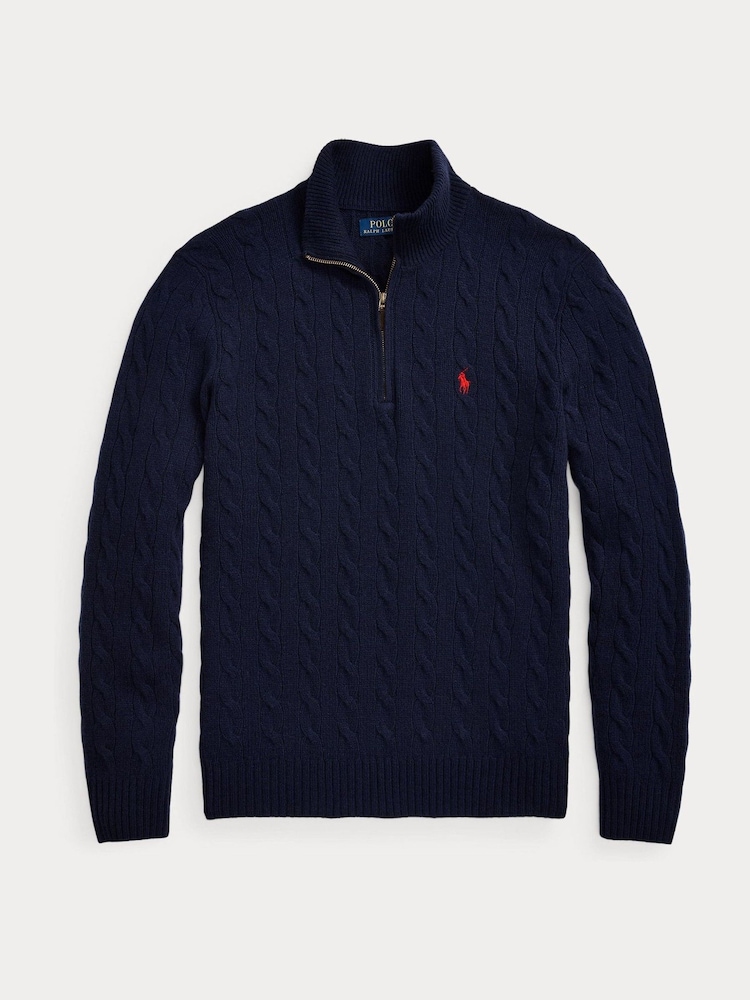Polo Ralph Lauren Blue Wool Cashmere Cable Knit Quarter Zip Jumper - Image 5 of 5