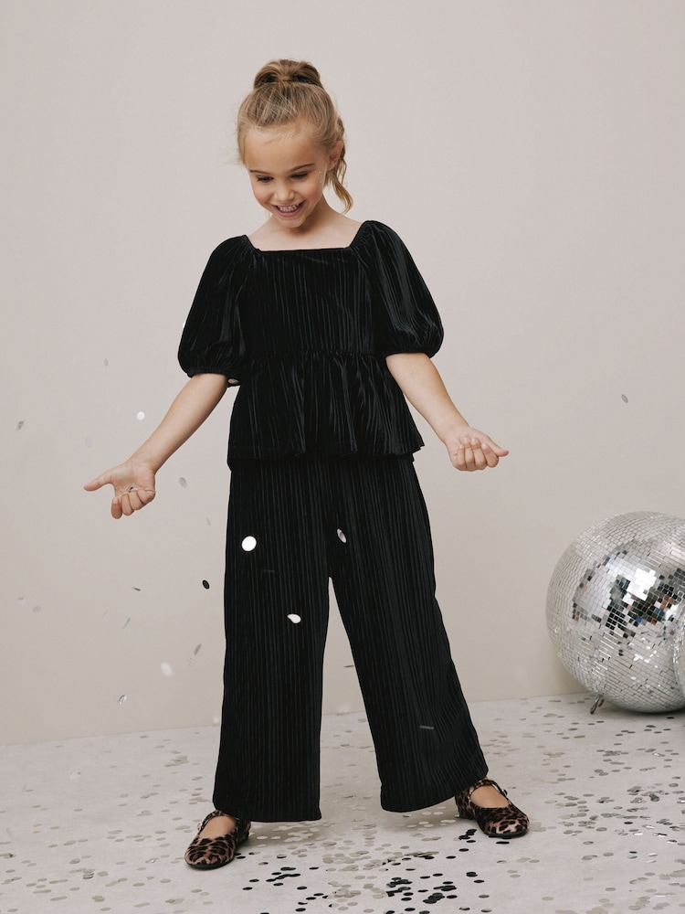 Black Crinkle Velour Top and Trousers Set (3-16yrs) - Image 1 of 4 Black Crinkle Velour Top and Trousers Set (3-16yrs) - Image 1 of 4