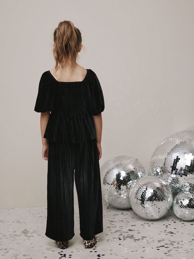 Black Crinkle Velour Top and Trousers Set (3-16yrs) - Image 2 of 4 Black Crinkle Velour Top and Trousers Set (3-16yrs) - Image 2 of 4