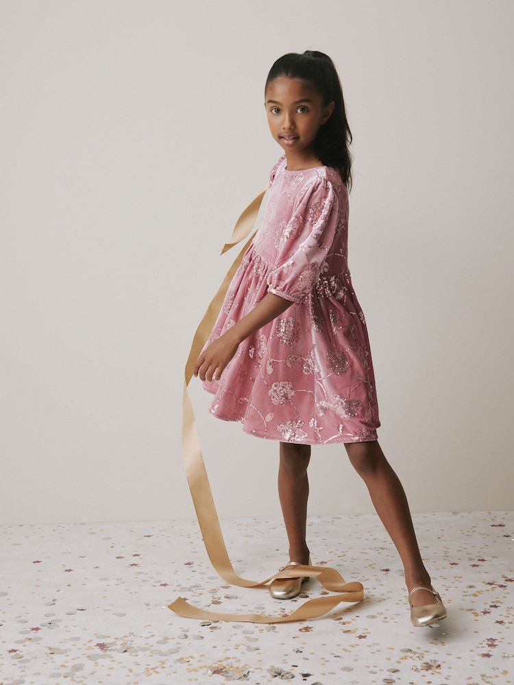 Pink Sequin Embellished Velour Dress (3-16yrs) - Image 2 of 9