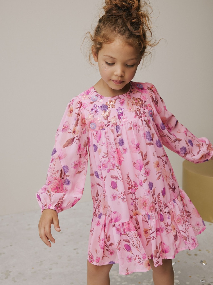 Light Pink Floral Chiffon Dress (3-16yrs) - Image 1 of 8 Light Pink Floral Chiffon Dress (3-16yrs) - Image 1 of 8