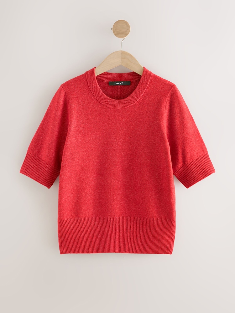 Red Super Soft Short Sleeve Knitted Top - Image 1 of 4 Red Super Soft Short Sleeve Knitted Top - Image 1 of 4