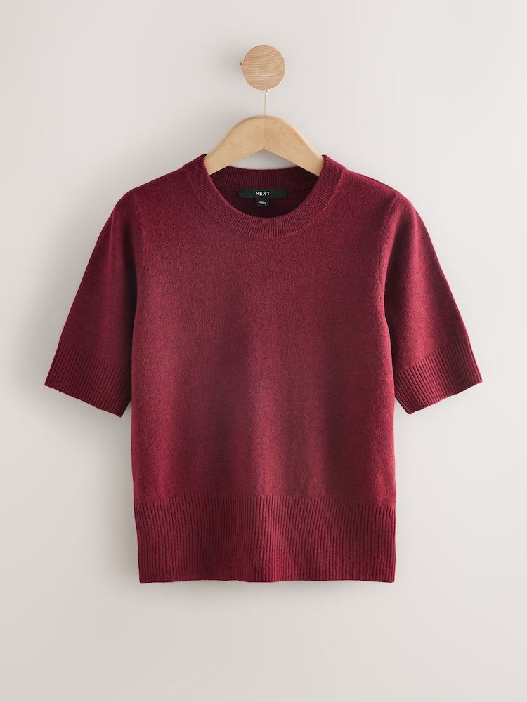 Burgundy Red Super Soft Short Sleeve Knitted Top - Image 1 of 4