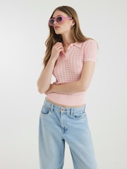River Island Pink Crochet Polo Top - Image 1 of 4