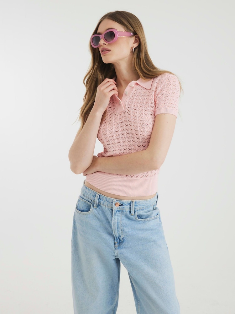 River Island Pink Crochet Polo Top - Image 1 of 4