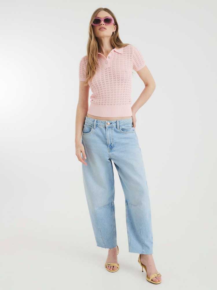 River Island Pink Crochet Polo Top - Image 2 of 4