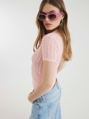 River Island Pink Crochet Polo Top - Image 3 of 4
