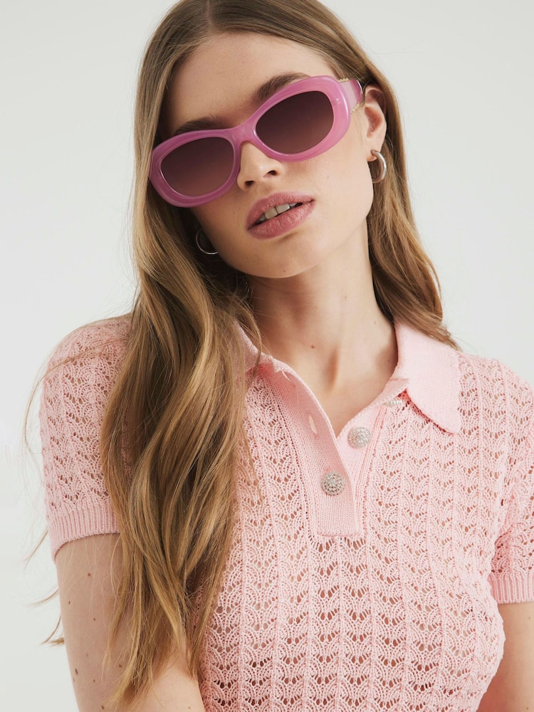 River Island Pink Crochet Polo Top - Image 4 of 4