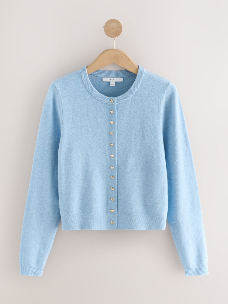 Light Blue Heart Button Slim Super Soft Crew Neck Cardigan with Wool - Image 1 of 4 Light Blue Heart Button Slim Super Soft Crew Neck Cardigan with Wool - Image 1 of 4